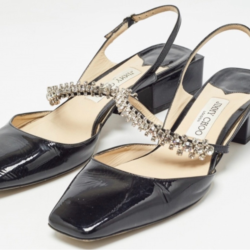 Jimmy Choo Black Patent Leather Slingback Heels with Crystal Strap